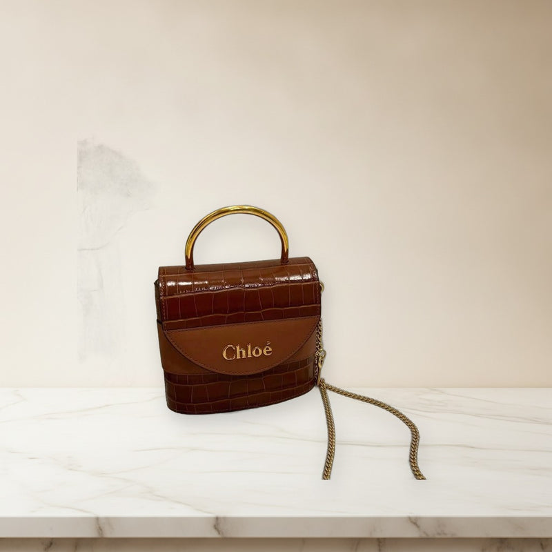Chloe Abylock Chain Shoulder Bag Calfskin Lizard Embossed Bicolor