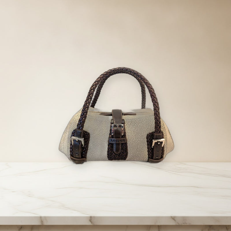 Loewe Senda Handbag Suede Greige Leather Shoulder Bag Tote Dark Brown Handles
