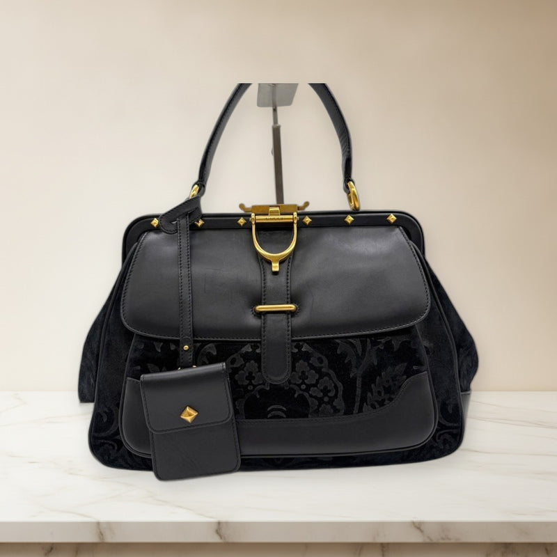 Gucci Horsebit Shoulder Bag Suede Leather Black Handbag