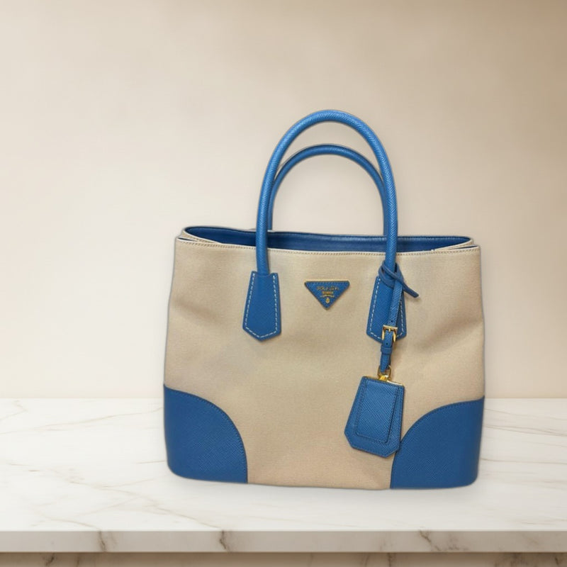 Prada Canvas Saffiano Leather Tote Bag Handbag Beige Blue Gold Hardware