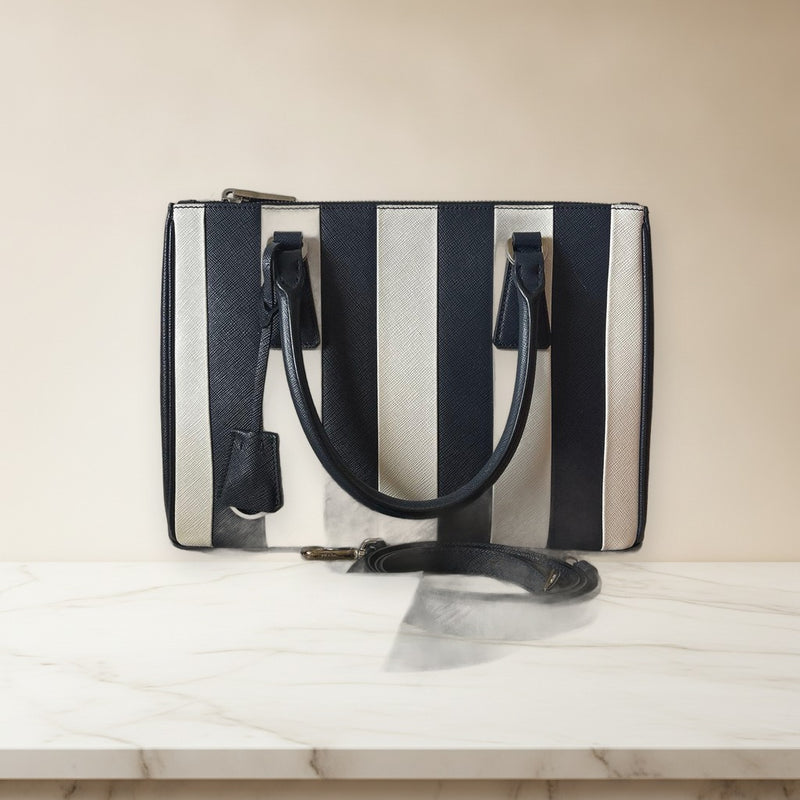 Prada Galleria Medium Handbag Saffiano Leather Navy White Stripe Shoulder Bag