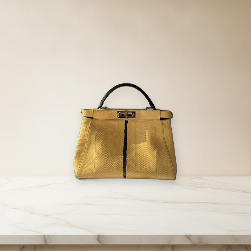 Fendi Peekaboo Handbag Python Leather Yellow Shoulder Bag