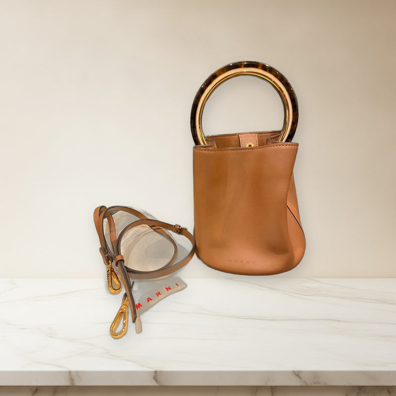Marni Panier Handbag Tote Detachable Strap Brown Leather Beige Tortoiseshell