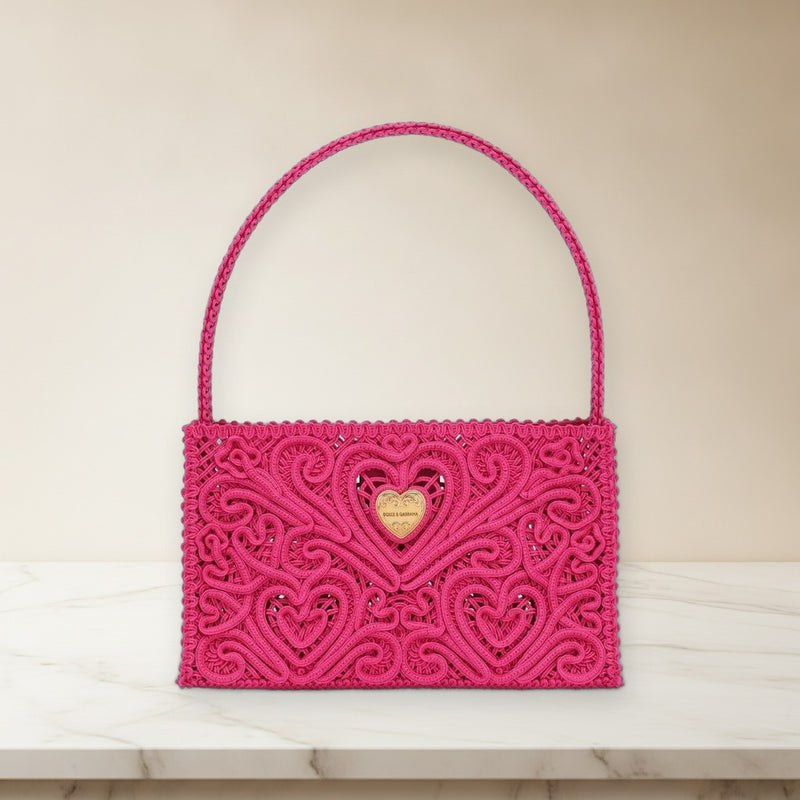Dolcegabbana Cord Lace Embroidery Shoulder Bag Black Leather