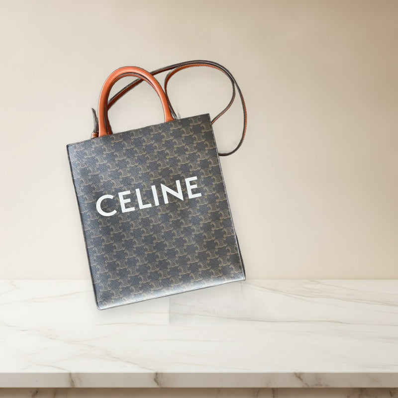 Celine Triomphe Canvas Small Vertical Cabas Tote Bag Calfskin Tan