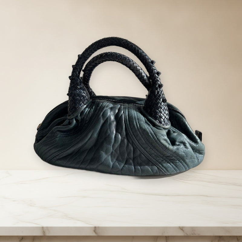 Fendi Shoulder Bag Handbag Leather Navy Braided Handle Zipper Wrinkled Design