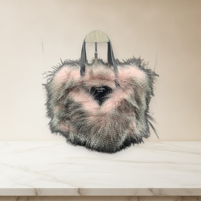 Prada Faux Fur Tote Bag Handbag Pink Gray
