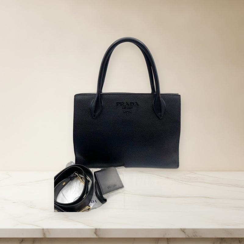 Prada Saffiano Monochrome 2-way Tote Bag Black Leather Handbag Shoulder Bag