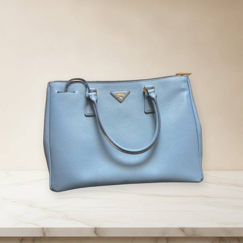 Prada Saffiano Leather Handbag Light Blue Detachable Shoulder Strap Tote Bag