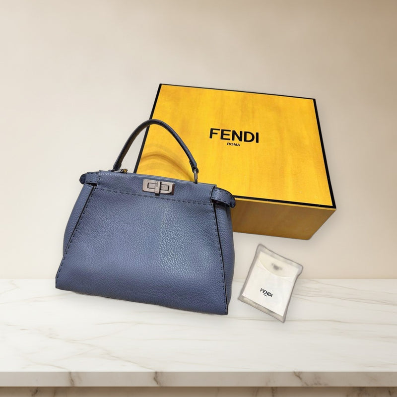 Fendi Peekaboo Selleria Handbag Shoulder Bag Leather Cloudy Blue