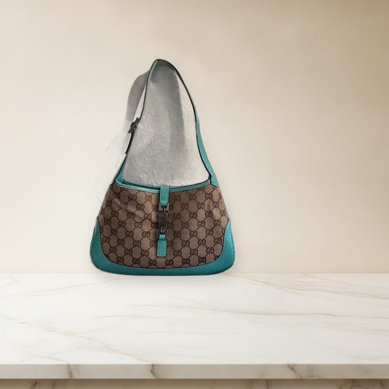 Gucci Jackie Handbag Gg Pattern Turquoise Blue Canvas