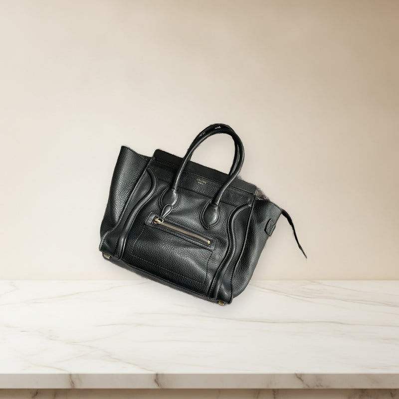 Celine Luggage Tote Handbag Black Drummed Calf Leather