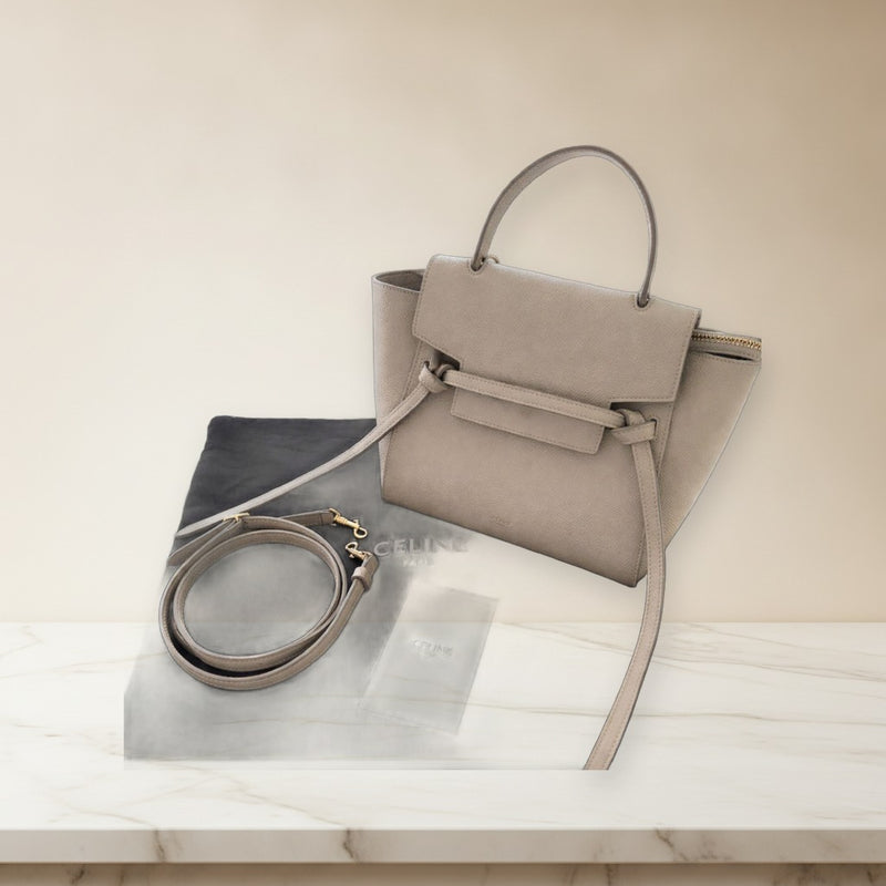 Celine Nano Belt Bag Handbag Grained Calfskin Light Taupe Gold Hardware