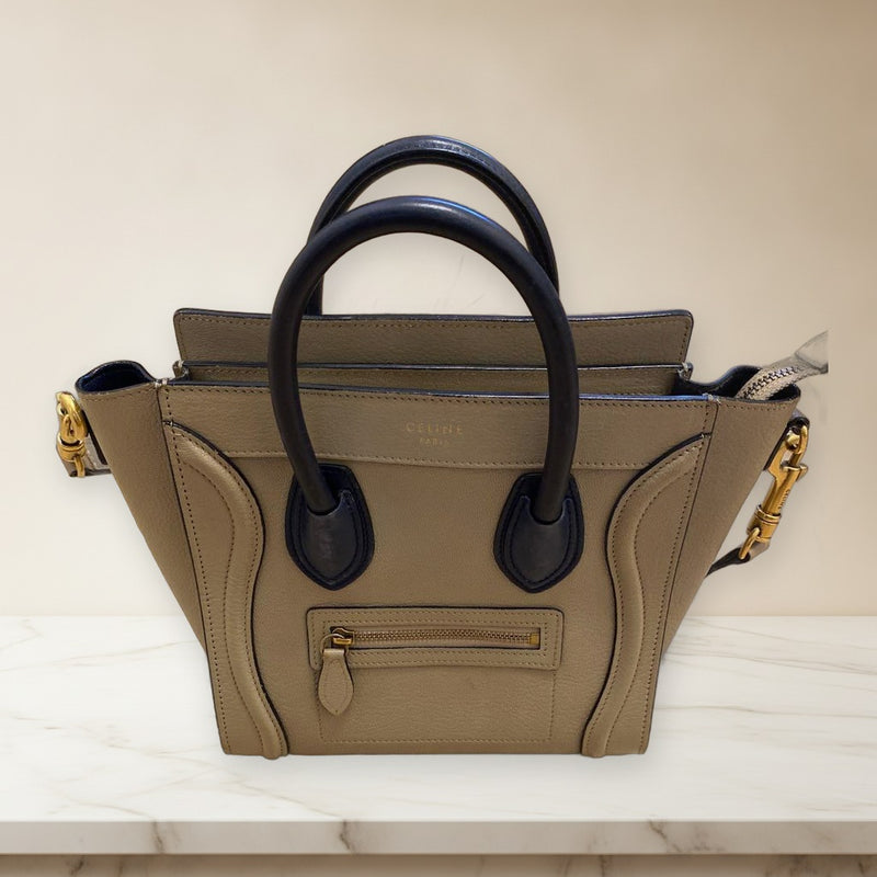 Celine Luggage Nano Handbag Shoulder Bag Beige Navy Leather