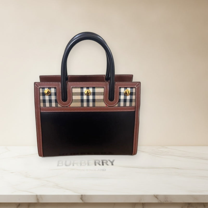 Burberry Baby Title Double Handle 80252661 2WAY Bag Calf Grain Leather Black