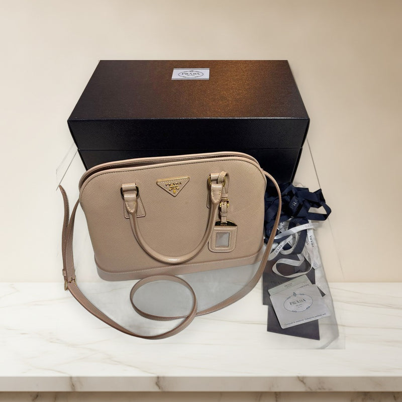 Prada Saffiano Leather Handbag Tote Shoulder Bag Pink Beige