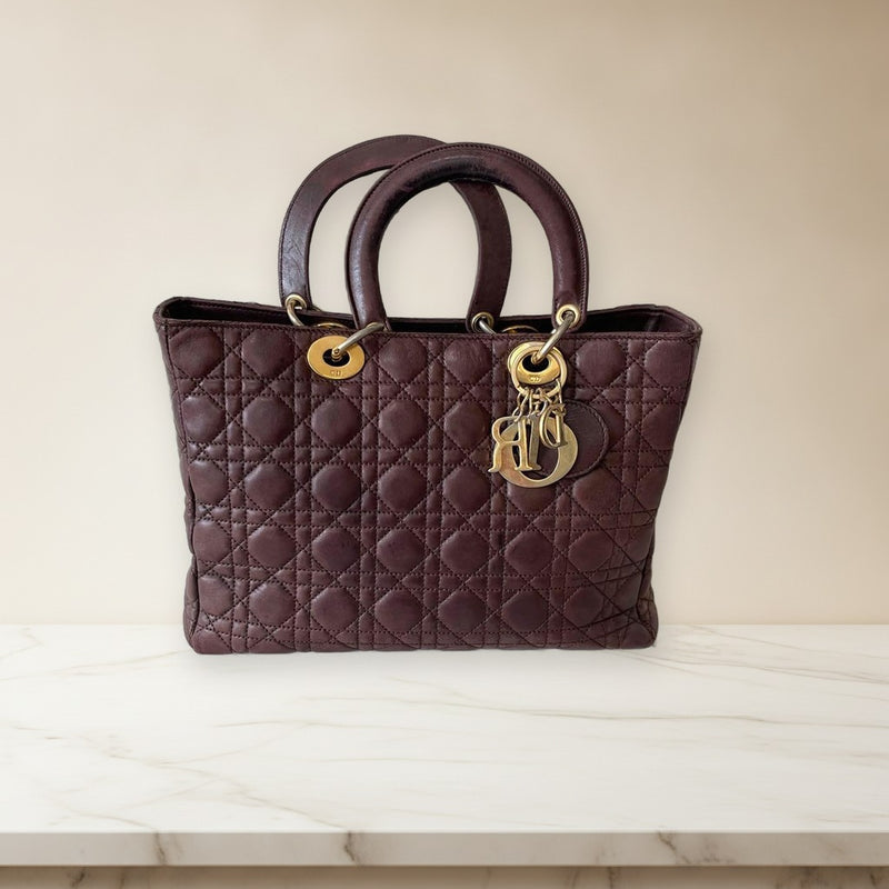 Christian Dior Lady Dior Handbag Brown Lambskin Gold Hardware