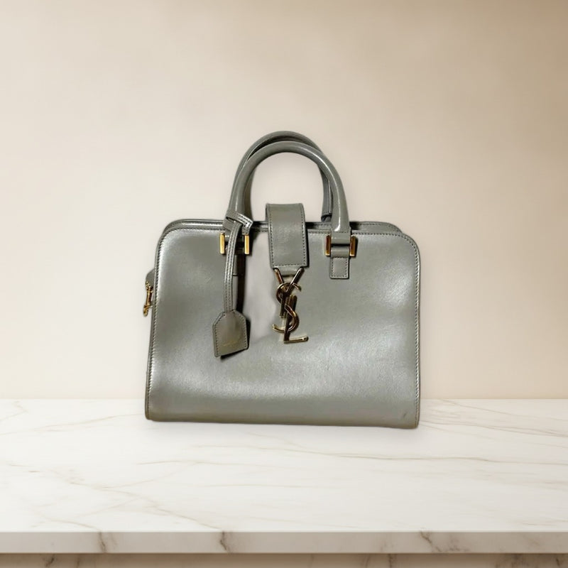 Saint Laurent Handbag Shoulder Bag Leather Gray With Logo Plate Double Handle