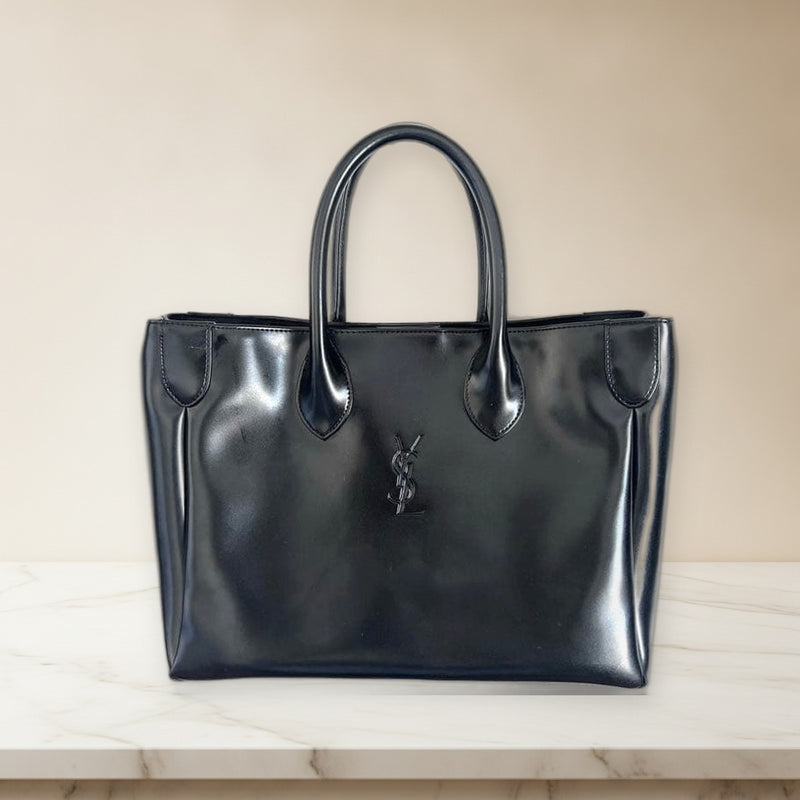 Yves Saint Laurent Logo Engraved Handbag Tote Bag Leather Black