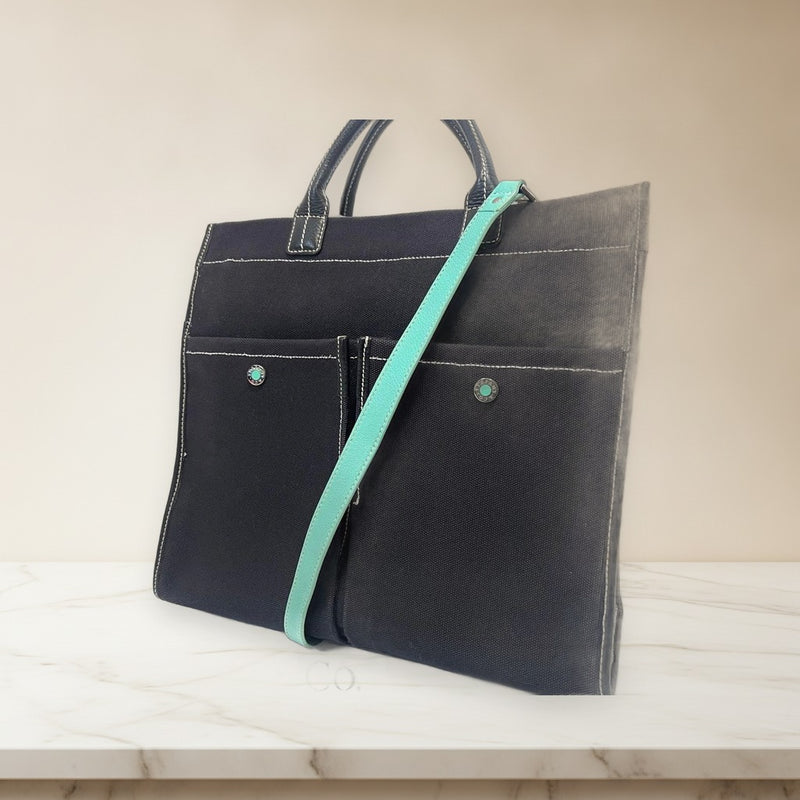 Tiffanyco. Canvas Leather 2-Way Handbag Shoulder Bag Black Tiffany Blue