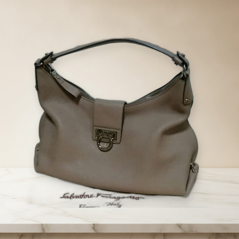 Ferragamo Handbag Shoulder Bag Pink Beige Leather Silver Hardware
