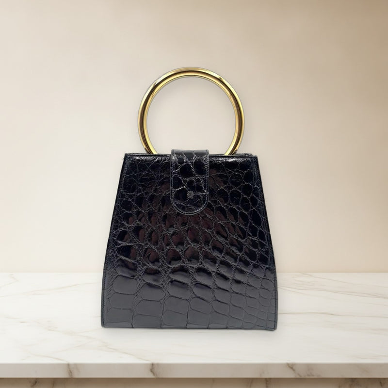 Loewe Anagram Handbag Crocodile Leather Black Gold Hardware