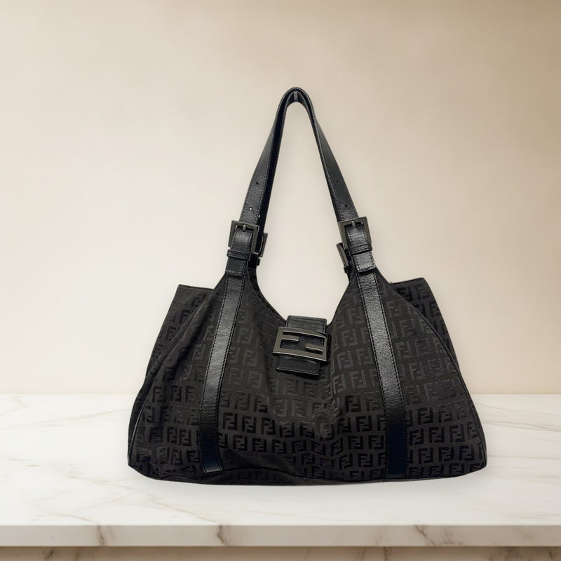 Fendi Mamma Baguette Zucchino Handbag Black Shoulder Bag Silver Hardware