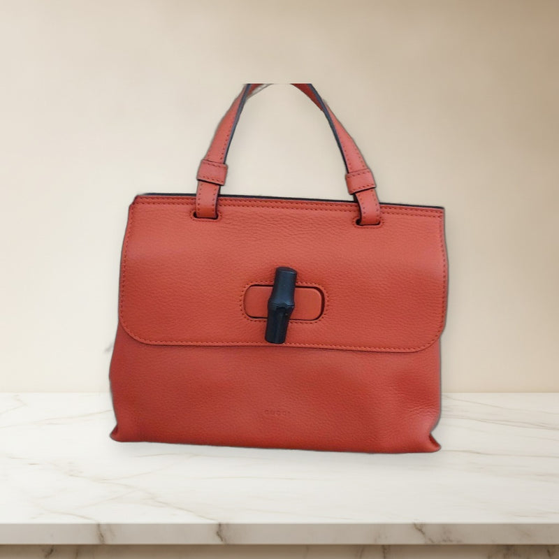 Gucci Bamboo 2-Way Handbag Shoulder Bag Crossbody Leather Orange