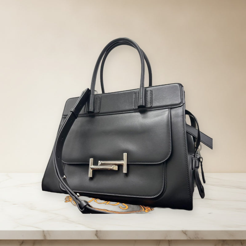 Tods Double T 2 Way Handbag Shoulder Bag Smooth Leather Black