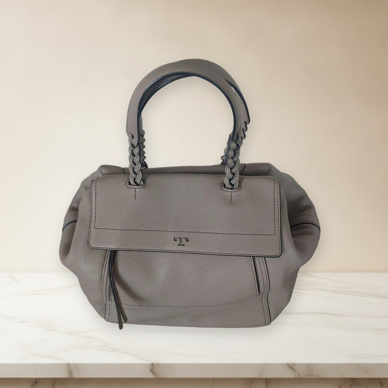 Tory Burch Handbag Shoulder Bag Shrink Leather Braided Handles Gray