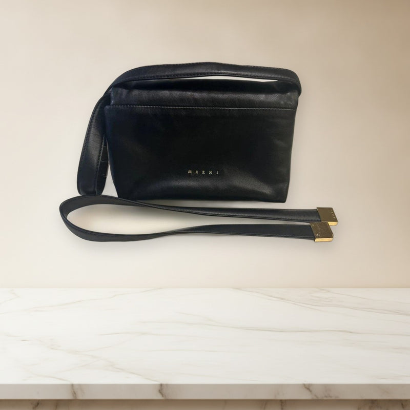 Marni Prisma Small Padded Shoulder Bag Calfskin Leather Black Brass Hardware
