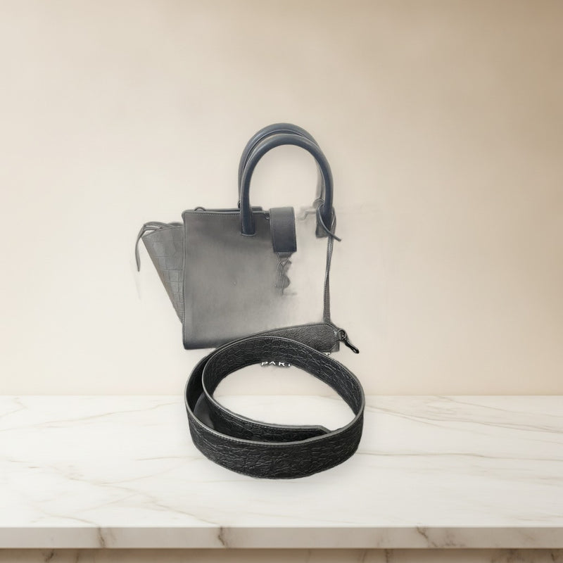 Saint Laurent Baby Downtown Cabas 2way Shoulder Bag Black Crocodile Embossed