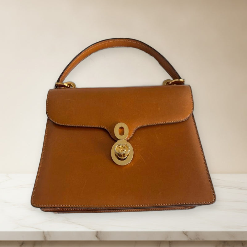 Gucci Flap Handbag Shoulder Bag Brown Leather Gold-tone Hardware