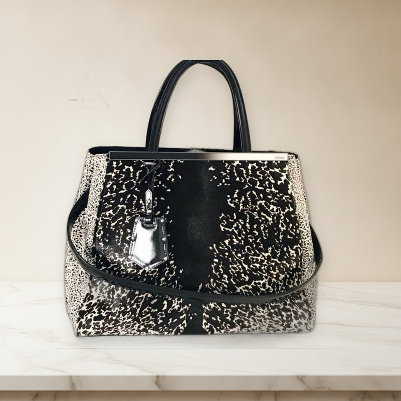 Fendi Deux Jours 2 Way Handbag Shoulder Bag Calf Hair Black White