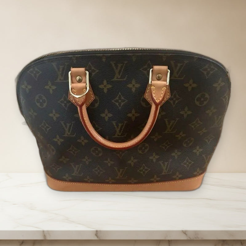 Louis Vuitton Monogram Handbag Leather Dark Brown Beige