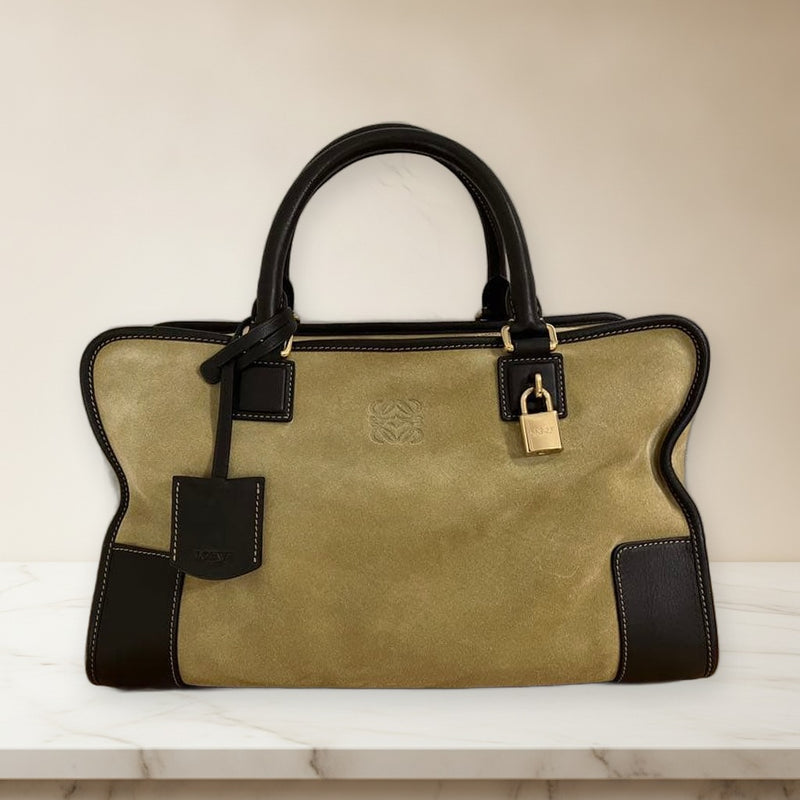 Loewe Amazona 35 Boston Handbag Suede Leather Brown Beige