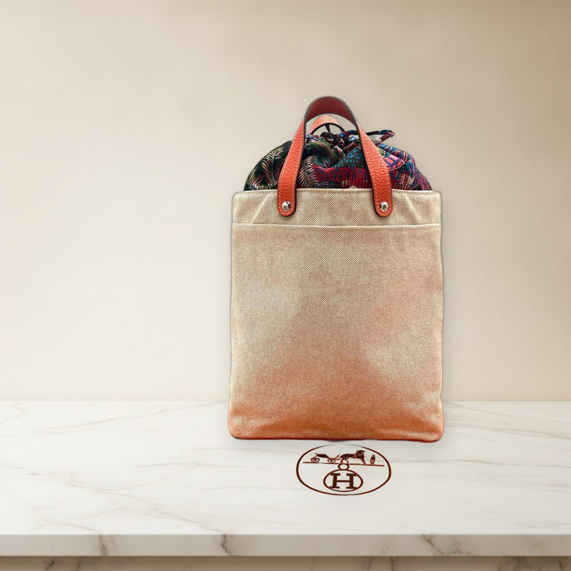 Hermes Petit H Handbag Tote Canvas Leather Silk White Orange Silver Hardware