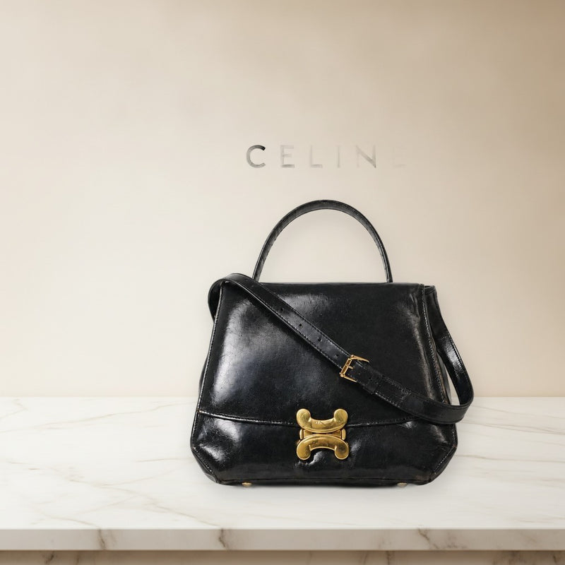 Celine Triomphe Handbag Black Leather Gold Hardware 2WAY Shoulder Bag