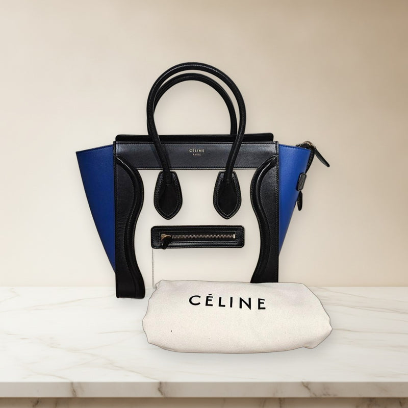 Celine Luggage Micro Shopper Handbag Tote Leather Black Blue Beige Gold Hardware