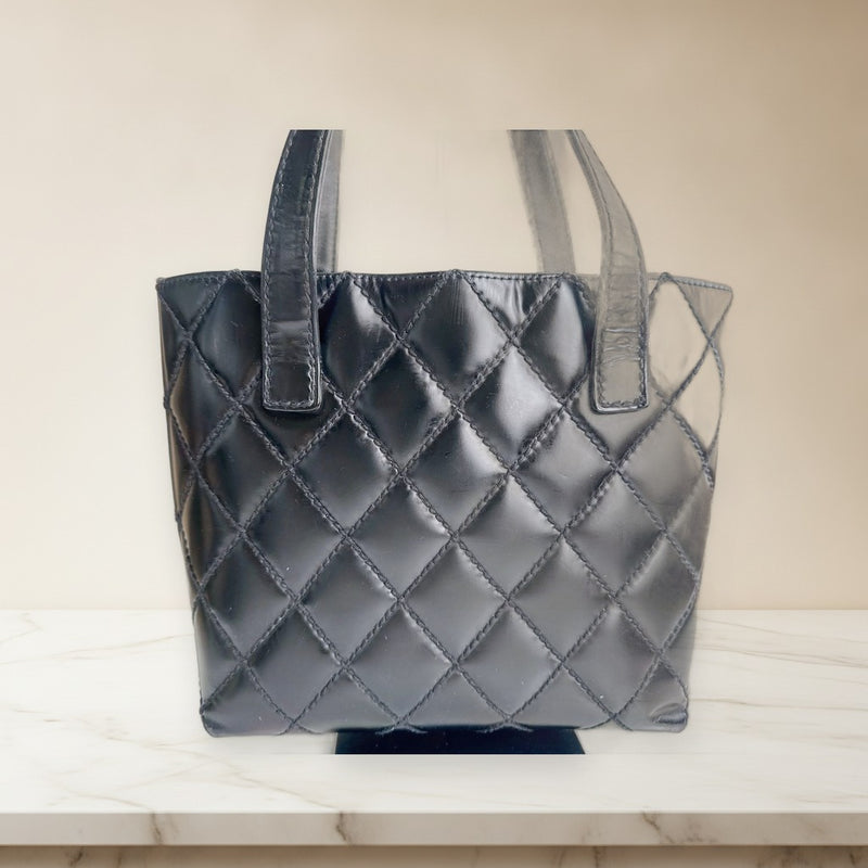 Chanel Wild Stitch Hand Tote Bag Black Leather Magnetic Closure