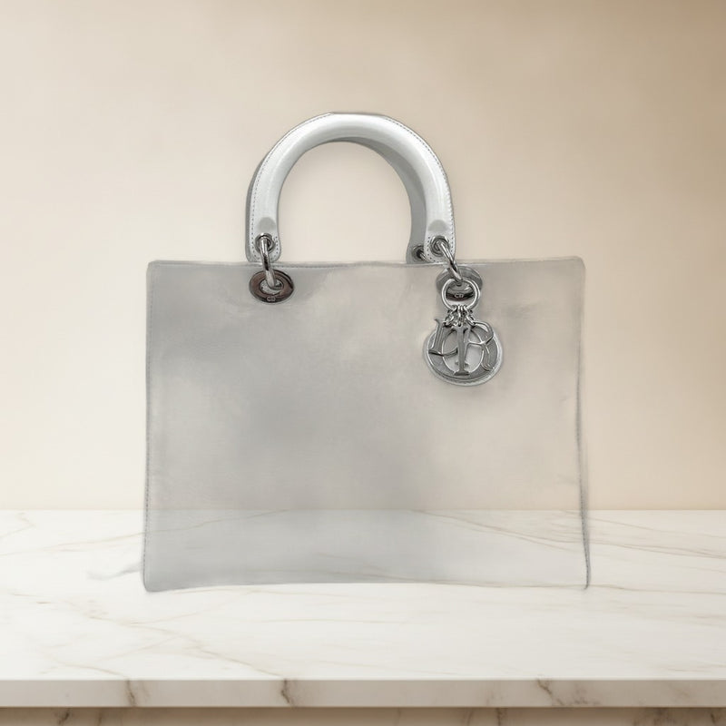 Dior Lady Dior Large Handbag Lambskin White Leather Silver Hardware