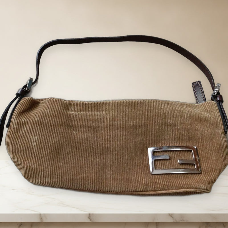 Fendi Handbag Shoulder Bag Corduroy Nylon Leather Beige