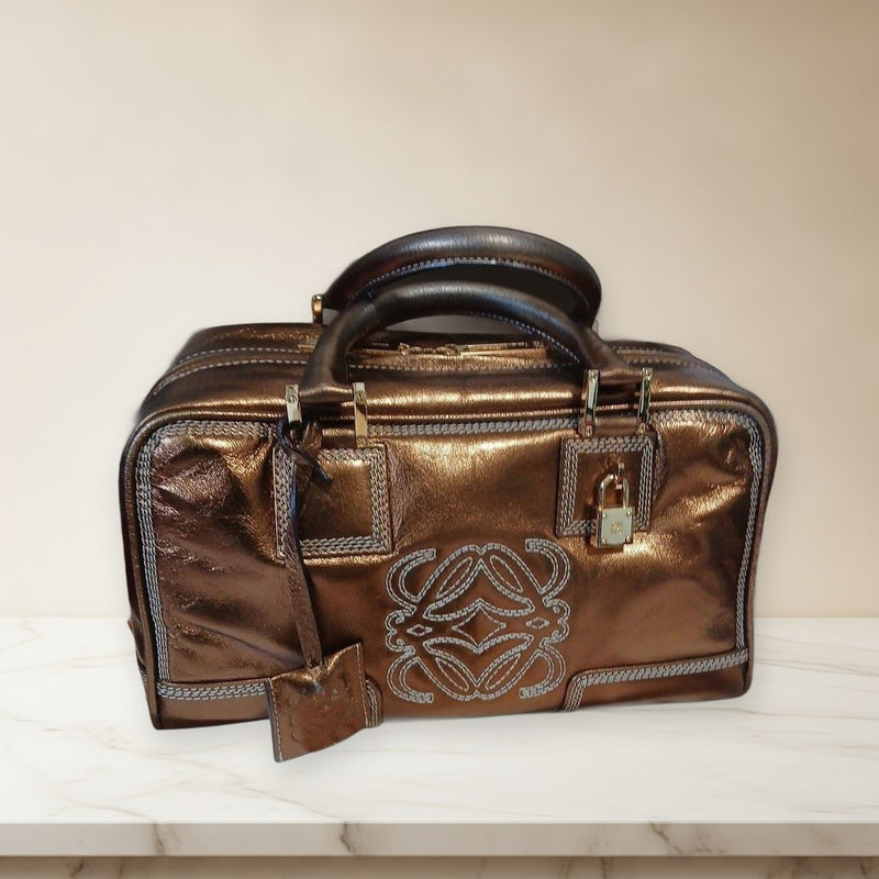 Loewe Amazona 28 Mini Boston Bag Bronze Gold Metallic Leather Handbag