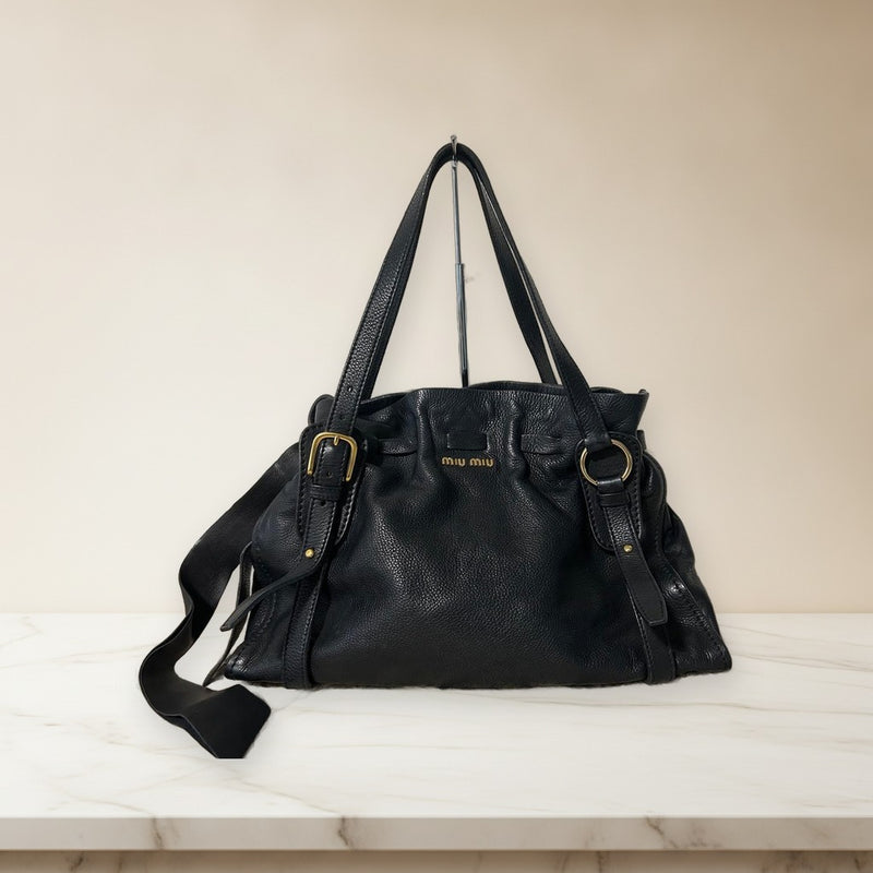 Miu Miu Gathered Leather Handbag Tote Shoulder Bag Black