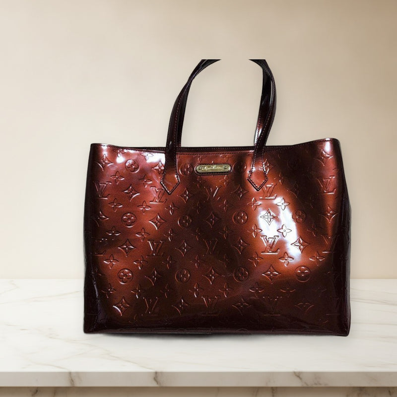 Louis Vuitton Monogram Vernis Tote Bag Handbag Enamel Leather Wine Red