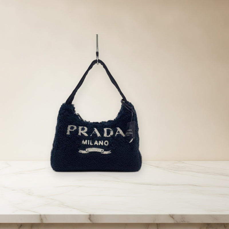 Prada Re-edition 2000 Terry Cloth Mini Bag Handbag Navy Blue Embroidered Logo