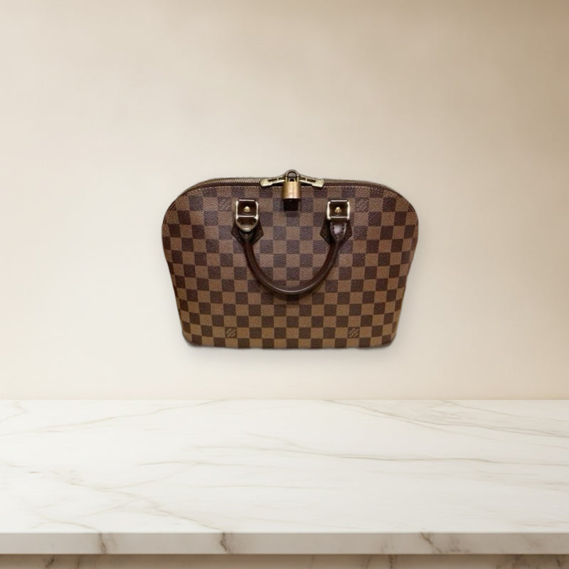 Louis Vuitton Alma Pm Handbag Damier Ebene Leather Brown Red Gold Hardware