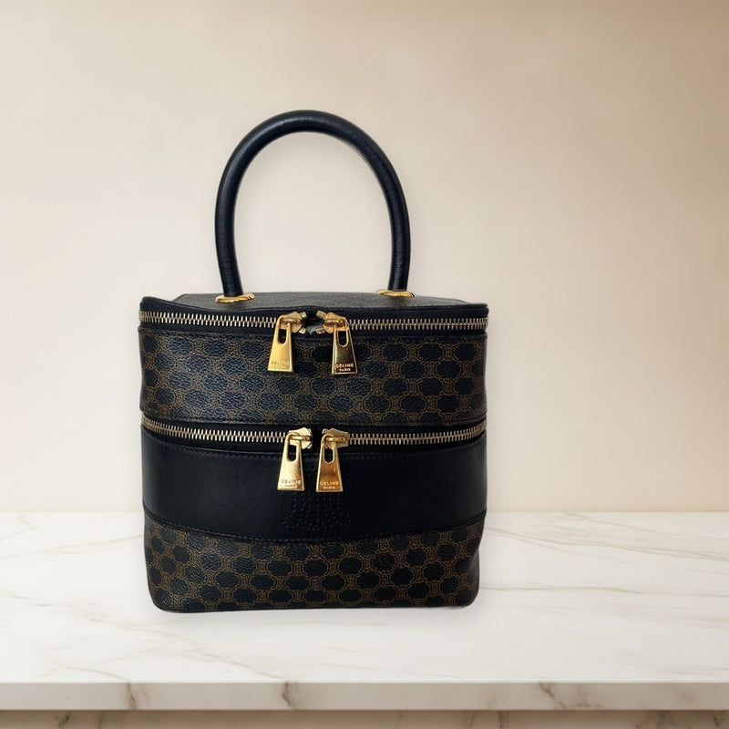 Celine Macadam Vanity Bag Handbag Brown Black Gold Hardware