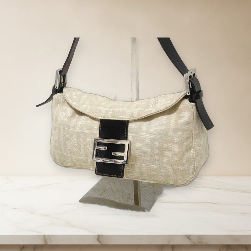 Fendi Mamma Baguette Shoulder Bag Ff Pattern Beige Canvas Leather Ivory