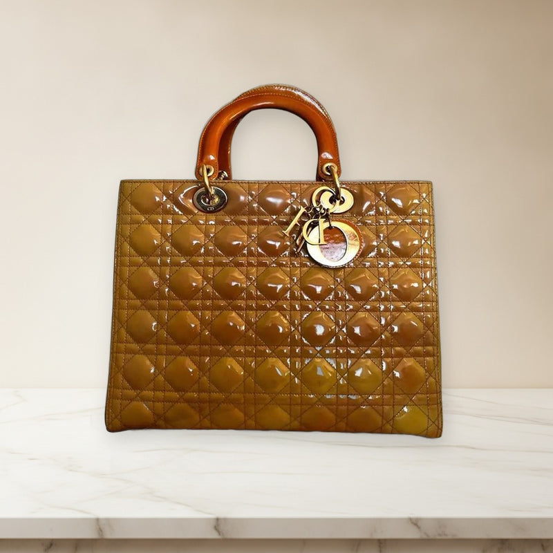 Christian Dior Lady Dior Cannage Handbag Patent Leather Enamel Mustard